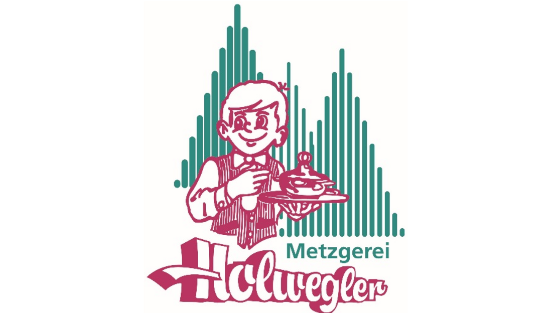 Ein stilisiertes Logo zeigt einen lächelnden Jungen in traditioneller Kleidung, der einen Teller hält, mit grünen vertikalen Linien hinter ihm. Der Text lautet "Metzgerei Haluvegler".